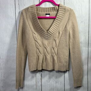 J Crew Wool Cashmere V Neck Cable Knit Tan Cropped Cozy Casual Pullover Sweater